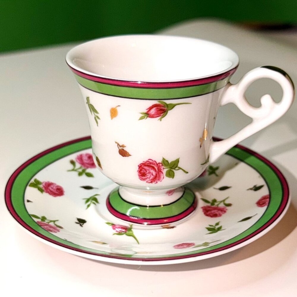 VTG Pink Rose Pedestal Demitasse Tea Cup Saucer Green Band Porcelain Japan Style